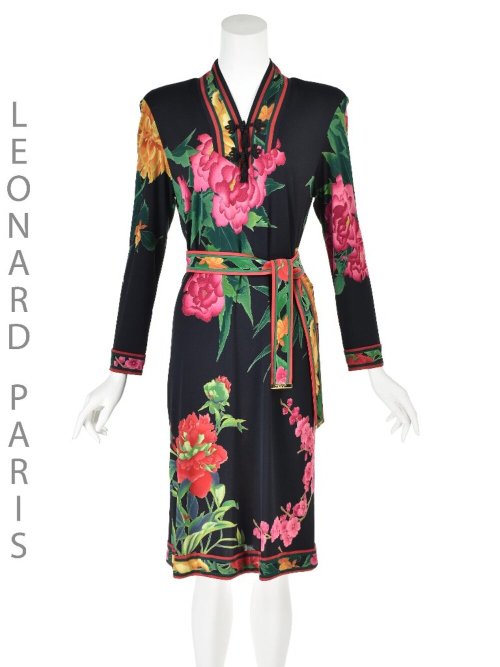 LEONARD PARIS 1980s Black Silk Jersey Knit Asian Floral Dress with Belt, Size L